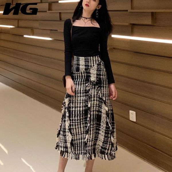 

[hg] spring summer 2021 female full sleeve solid color square collar french fashion plaid tassel resist skirt zll3187 women's two piece, White