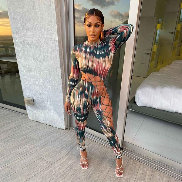 

women's jumpsuits & rompers oluolin women long sleeve bodycon bandage hollow out one piece elastic club streetwear outfit autumn, Black;white