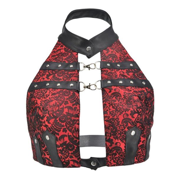 

women's tanks & camis red brocade black leather halter neck backless gothic women steampunk clothing vintage accessories punk rock, White