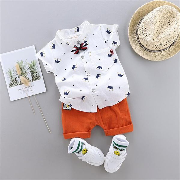 

boys bow clothes sets short sleeve shirts shorts suit summer toddler crown pattern clothing outfits kids party wear, White