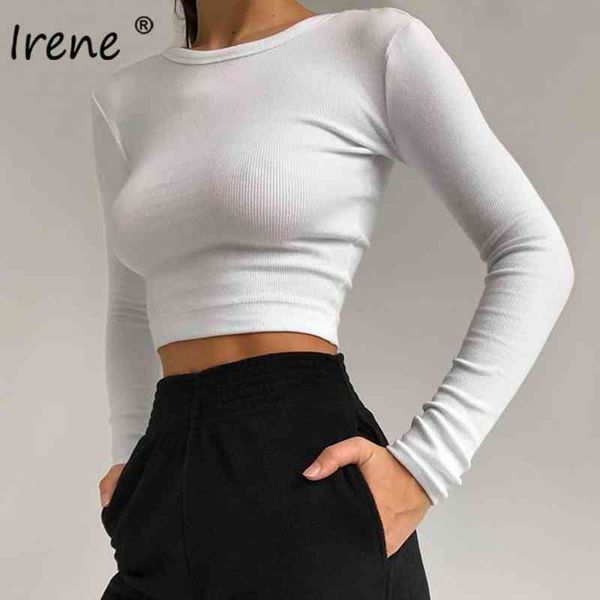 

irene o neck long sleeve shirt women ribbed cropped 2021 spring black casual skinny slim basic woman t shirts white y0508