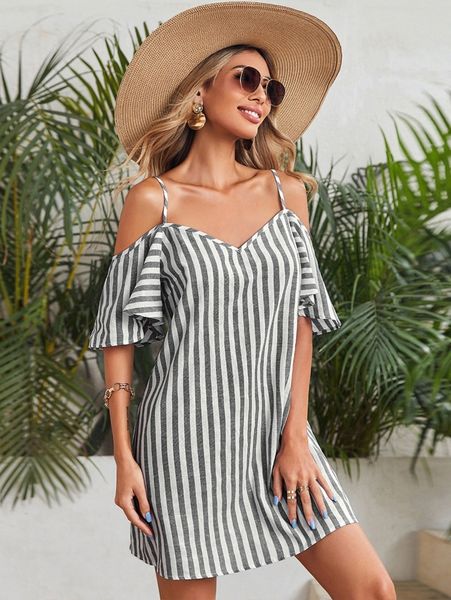 

cold shoulder striped dress v4cu#, Black;gray