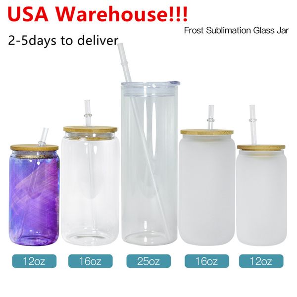 Local Warehouse 16-Unzen-Sublimationsglasdose, doppelwandige Schneekugelglas-Weingläser, klare Trinkgläser mit Bambusdeckel und Strohhalmen, US-Lager