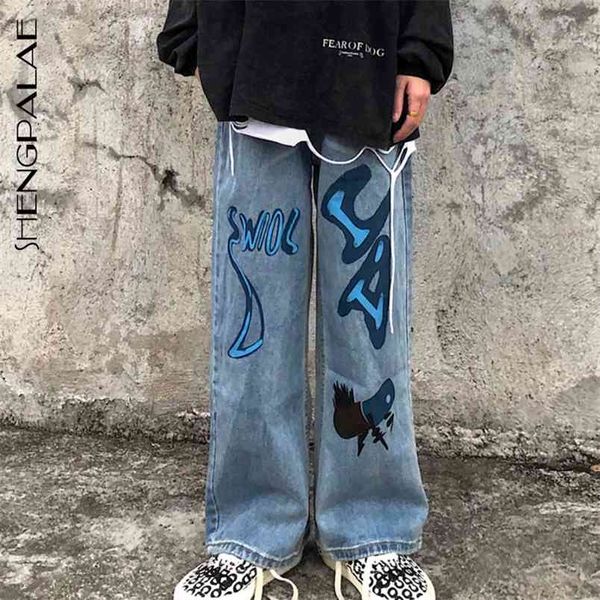 

summer casual jeans woman long trousers cowboy female loose streetwear hit color graffiti pants za4944 210427, Blue