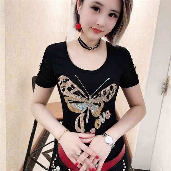 

fashion diamond t-shirt ladies v-neck summer casual elegant t-shirts women large size short sleeve woman tshirts 210507, White