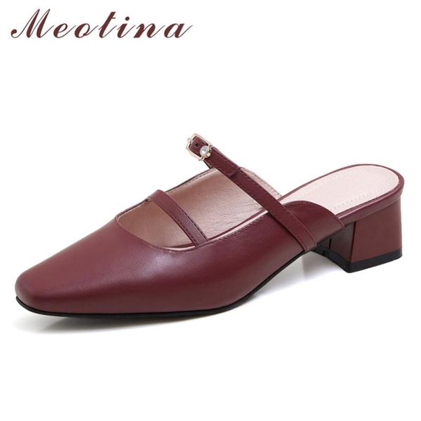 

dress shoes meotina natural genuine leather mid heel mules women pumps square toe thick heels buckle female footwear summer wine red, Black