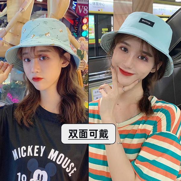 

wide brim hats 2021 double-sided fisherman hat women cute cartoon little dog korean sunscreen shade soft girl wild japanese sweet, Blue;gray