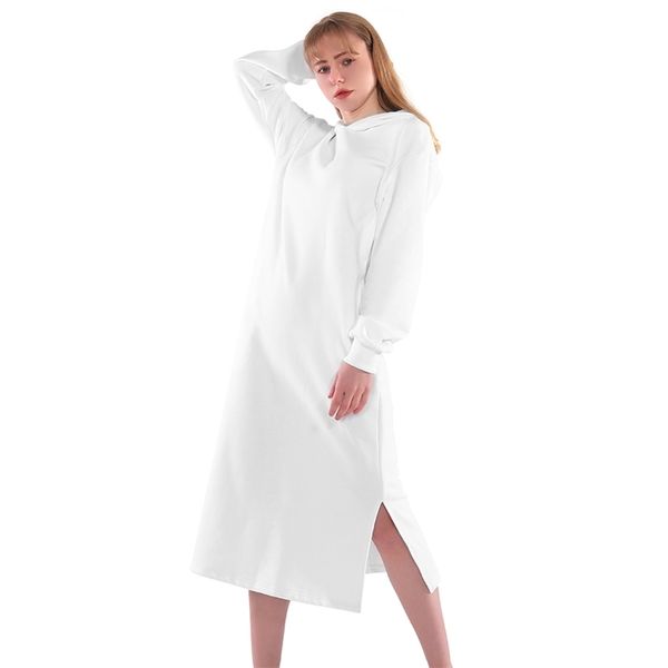 Uzun Hoodie Elbise Kadın Sonbahar Kış Polar Pocket Kawaii Vintage Casual Beyaz Bölünmüş Maxi Kapşonlu Tişörtü Elbiseler Kazaklar 210927