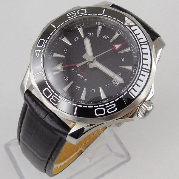 

wristwatches black white brand sapphire glass date gmt 41mm wristwatch men rotating bezel leather strap, Slivery;brown