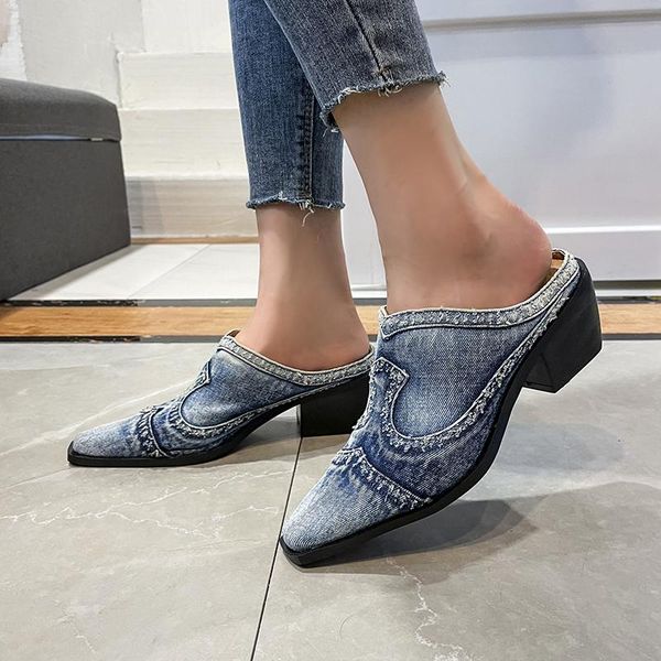 

slippers vintage denim mules shoes half sandals women mule hoof heel british square toe baotoe mid cloth slip-on blue, Black