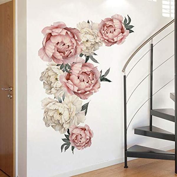 Peony Rose Wall Sticker,Rosa e Beige Impermeabile Peel Stick Decorazioni Rimovibili per Soggiorno Camera da Letto Nursery Divano TV Sfondo