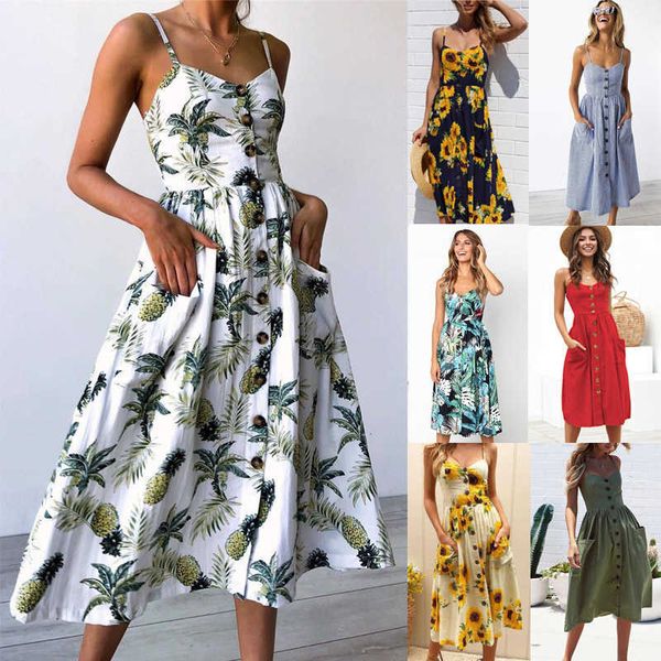 

vintage floral print midi sundress female casual button backless polka dot striped women dress summer boho beach 210526, Black;gray