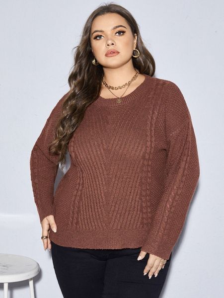 

plus cable knit drop shoulder sweater o1v2#, Black