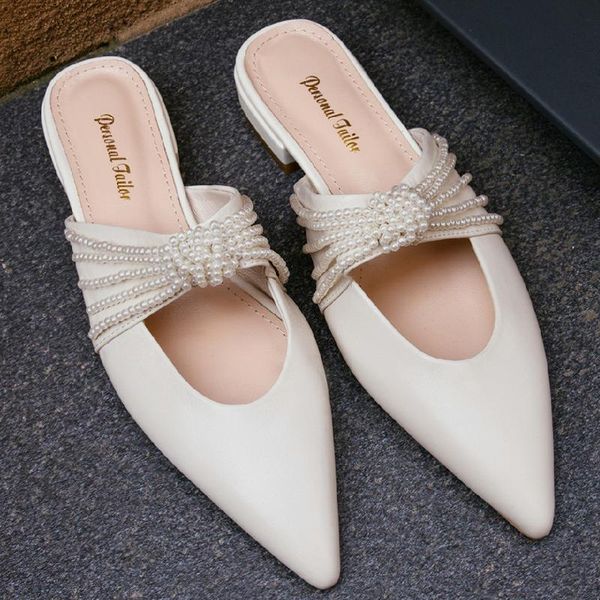 

sandals women's genuine leather slip-on flats slides pointed toe elegant ladies slimg beading bowtie summer casual mules daily shoes, Black