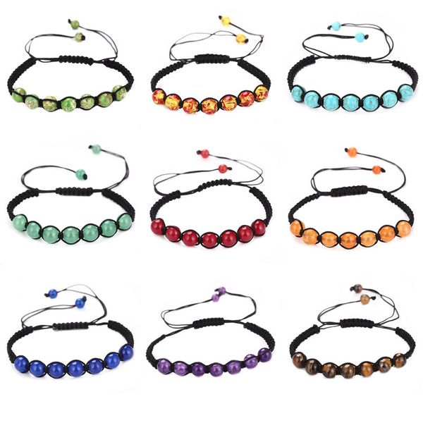 

8mm natural stone healing beaded yoga charm bracelet rope braided handmade energy jewelry for women men, Golden;silver
