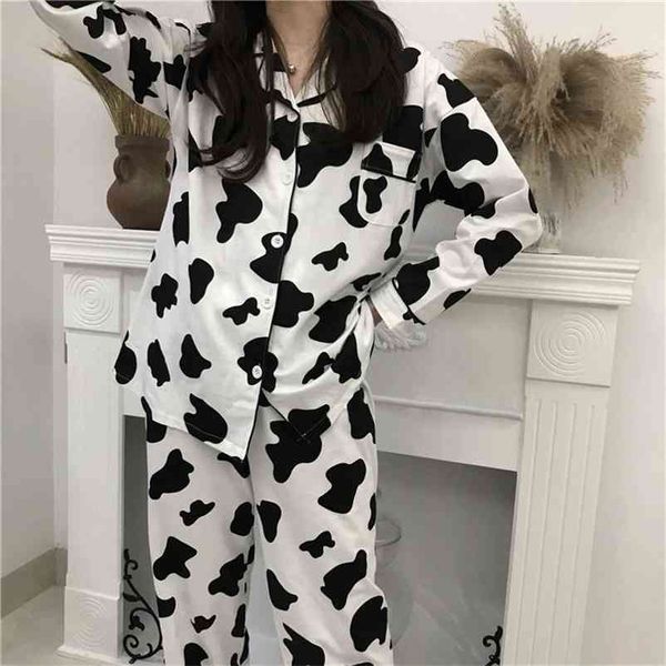 

cow print pajamas for women cute home suit sleepwear set winter pyjamas women homewear pijama mujer home clothes for women 210330, Black;red