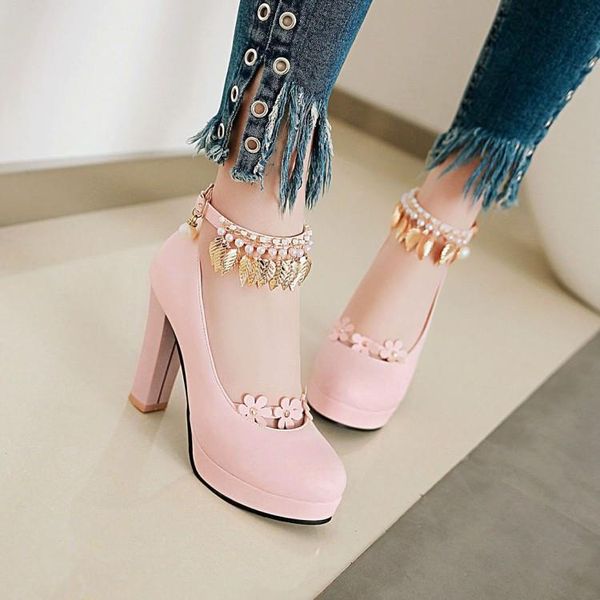 

spring women pumps party dress date wedding shoes metal chains beads platform square high heels 34-43, Black