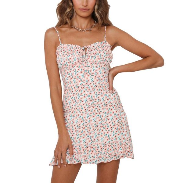 

casual dresses wsevypo sweet floral suspender mini sundress party vacation wear summer women ladies lace-up front sling frilly short dress, Black;gray