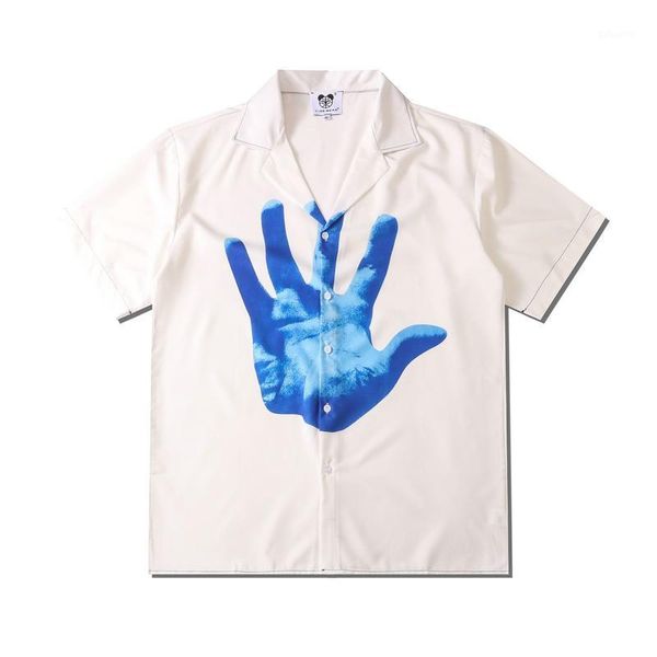 

men's casual shirts 2021 high street hawaiian blue hand full print beach cardigan leisure short sleeves man, White;black