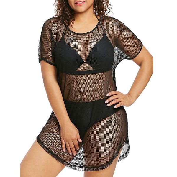 

women's swimwear sofkiny beach cover up hollow out fishnet dress loose plus size nightdress see through, White;black