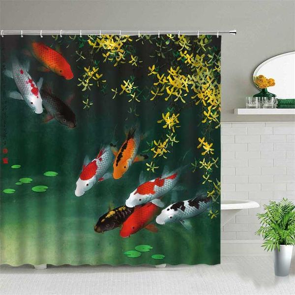 Chinesischer Stil Koi-Fisch-Druck-Duschvorhang, Badezimmer-Bildschirm, wasserdichter Stoff, Hintergrund, Wanddekoration, Tuch, hängende Vorhänge, Geschenke 211116