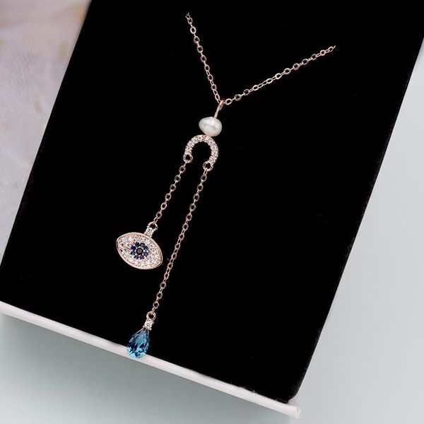 

pendant necklaces swour fashion jewelry rose gold color zirconia blue crystal eye pearl design necklace long femme s604, Silver