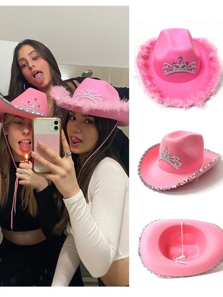 

wide brim hats fashion women's pink cowboy hat western style feather edge tiara cowgirl cap girls holiday costume party, Blue;gray