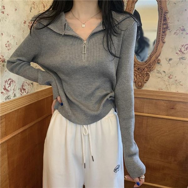 

women's sweaters alien kitty 2021 autumn knit sweater solid color v-neck thin design fashion minimalist zipper long-sleeved classic top, White;black