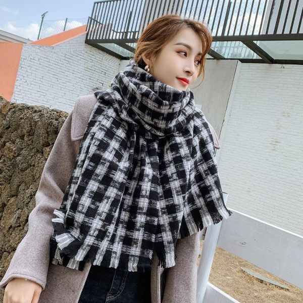

hats, scarves & gloves sets black and white plaid all-match casual fringed scarf women autumn winter dual-use big shawl long warm thick muff, Blue;gray