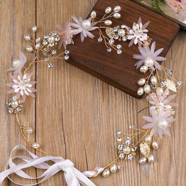 

hair clips & barrettes pink flower faux pearls band hairpin set wedding dress accessories bride headwear jewelry ea, Golden;silver
