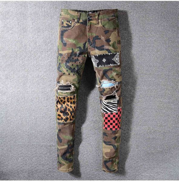 

men's jeans stars printed slim rivet holes ripped stretch denim pants plaid trousers camouflage leopard patchwork 4gds, Blue