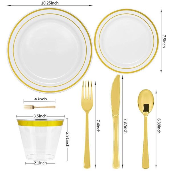 

dinnerware sets 70pcs plates and dishes tableware disposable rose gold rim plate wine cup knife fork spoon plastic fruit party dinner set