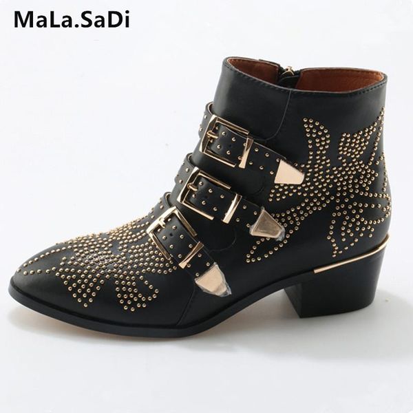 

boots fashion cool women rivets buckle ankle genuine leather med square heels shoes size 35-42, Black