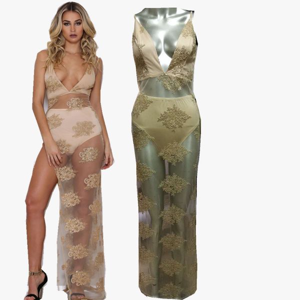 

fashion dress two piece with open back mesh and gold thread embroidery, Black;pink