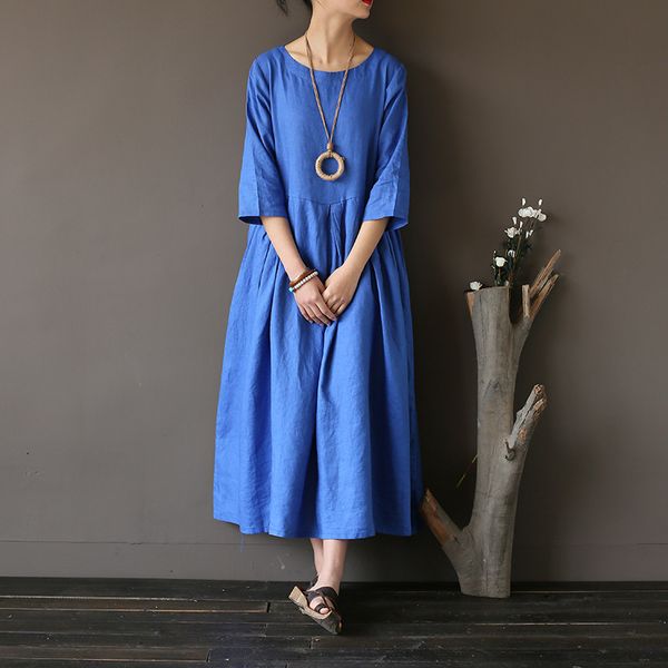 

johnature women linen dress vintage robe summer seven sleeve o-neck high waist women robe casual dresses 210521, Black;gray