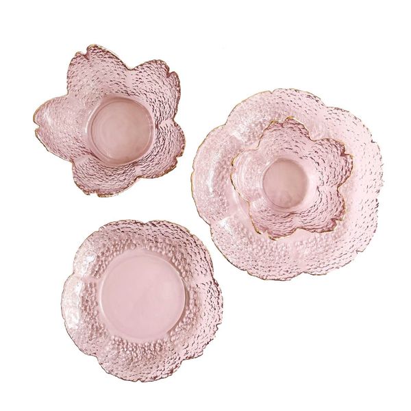 Vintage rosa Kirschblüten-Dessertteller aus Glas, Beilagen, Salatschüsseln, handgefertigte japanische gehämmerte Glaswaren-Kollektion