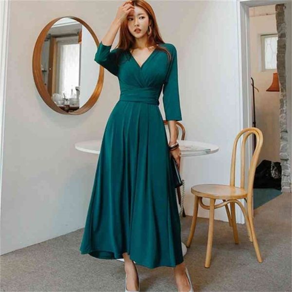 

solid color office lady dress autumn simple 3/4 sleeve high waist temperament elegant v-neck party women 210519, Black;gray