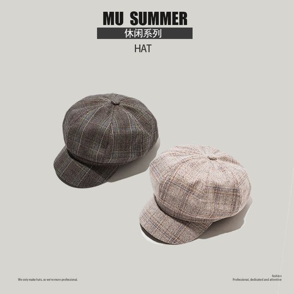 

net red plaid beret women's autumn winter versatile soft girl bud british octagonal hat, Blue;gray