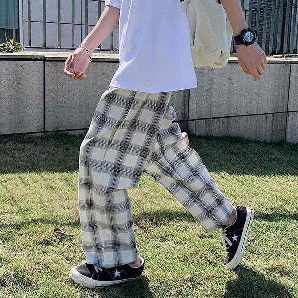 

men's pants summer thin plaid fashion retro casual men streetwear loose hip-hop straight wide-leg mens trousers gt78, Black