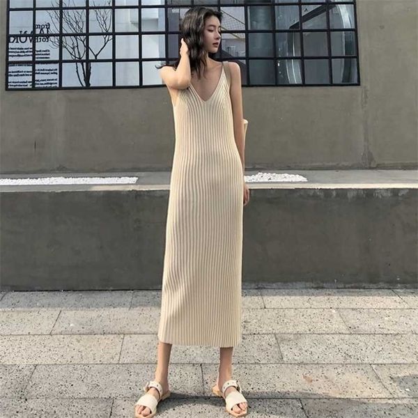 

fashion women v-neck maxi dress sling sleeveless dresses knitted long dress women 211029, Black;gray