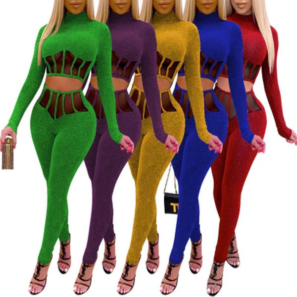

autumn hollow out club outfits long sleeve bodycon bodysuit and pants ladies tracksuit color mesh splicing two-piece set women's tracks, Gray