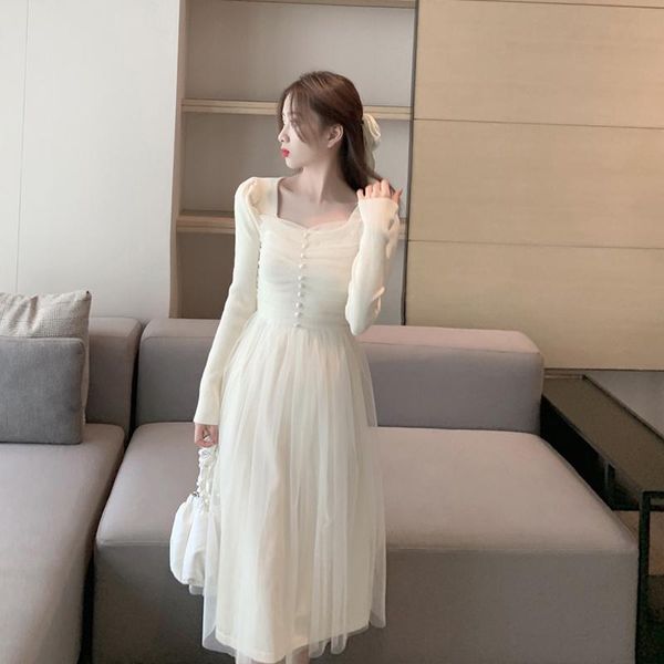 

french splicing mesh dress women's autumn winter 2021 korean style temperament waist slimming mid-length uk598 casual dresses, Black;gray