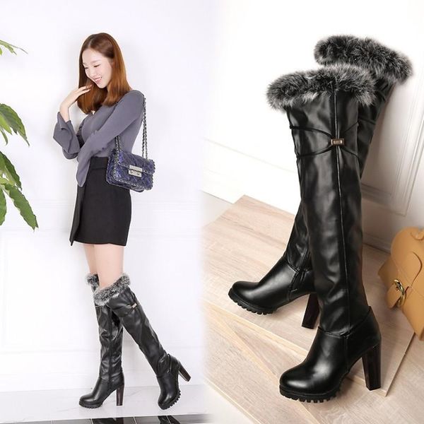 

boots ochanmeb real fur snow women thigh high woman chunky heels platform over-the-knee boot winter shoe 33-50, Black