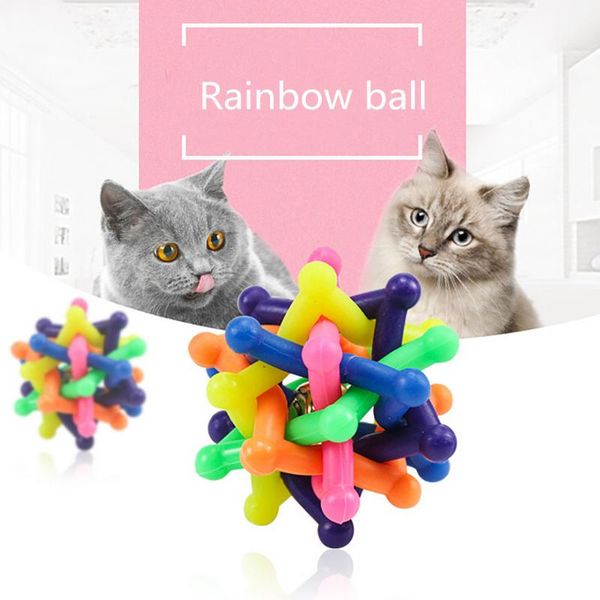 

cat toys cute dog's pet dog toy colorful rubber round ball with small bell rainbow for chewing playing m4