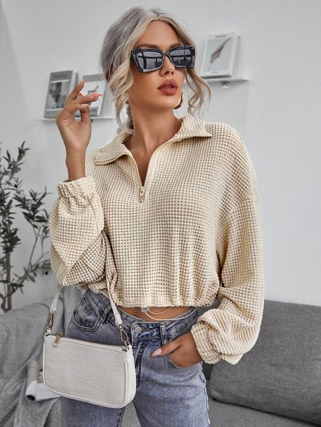 

zipper half placket drawstring hem waffle knit sweatshirt n3jt#, White;black