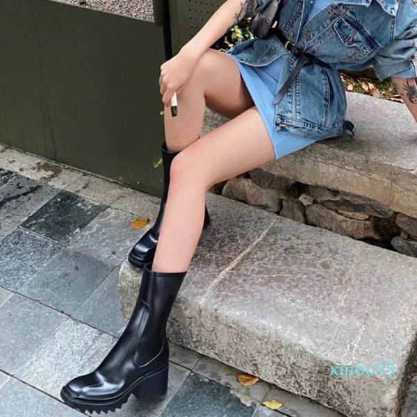 

boots women zipper square toe pu leather block heel platform mid-calf boot female fashion vintage comfortable outdoor lady shoes, Black