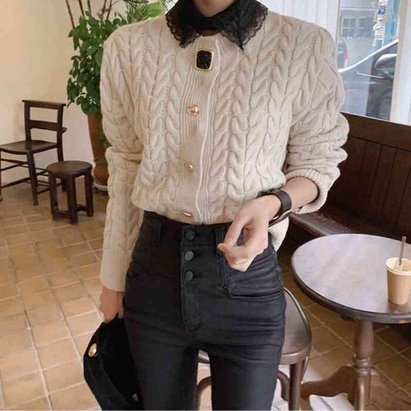 

genayooa vintage knitting cardigan women long sleeve jumpers turn down cardigans coat winter christmas sweater 210417, White;black
