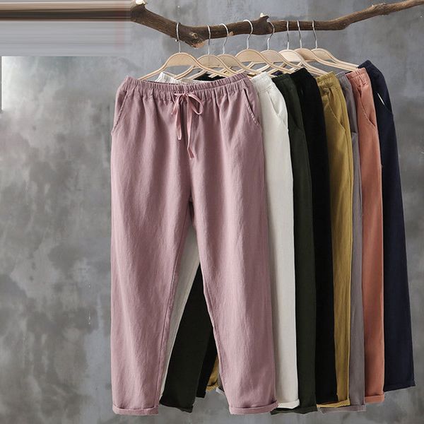 

capris 100% plus size women's will see elastic casual loose waist hare cotton linen solid ankle-length pants 4xl d148, Black;white