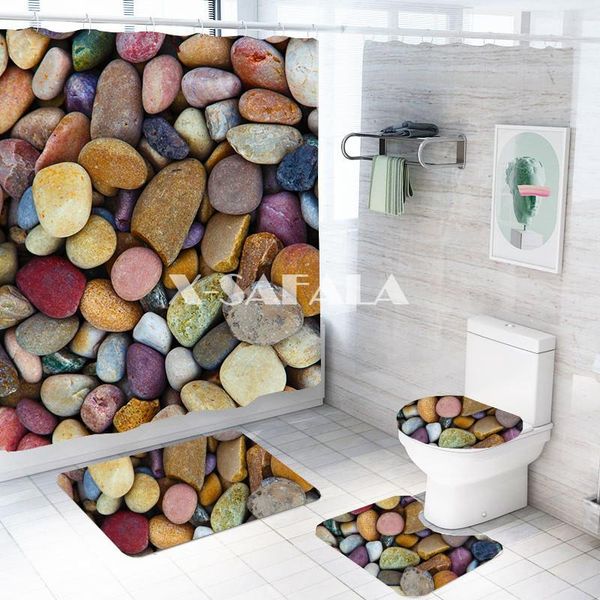 

toilet seat covers cobblestone bathroom decor mildew-proof waterproof shower curtain+ non slip pedestal rug+ lid cover-1