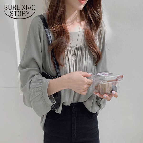 

women square collar blouses clothes autumn long sleeve loose shirt women chiffon shirt apricot blouse blusas 11696 210528, White
